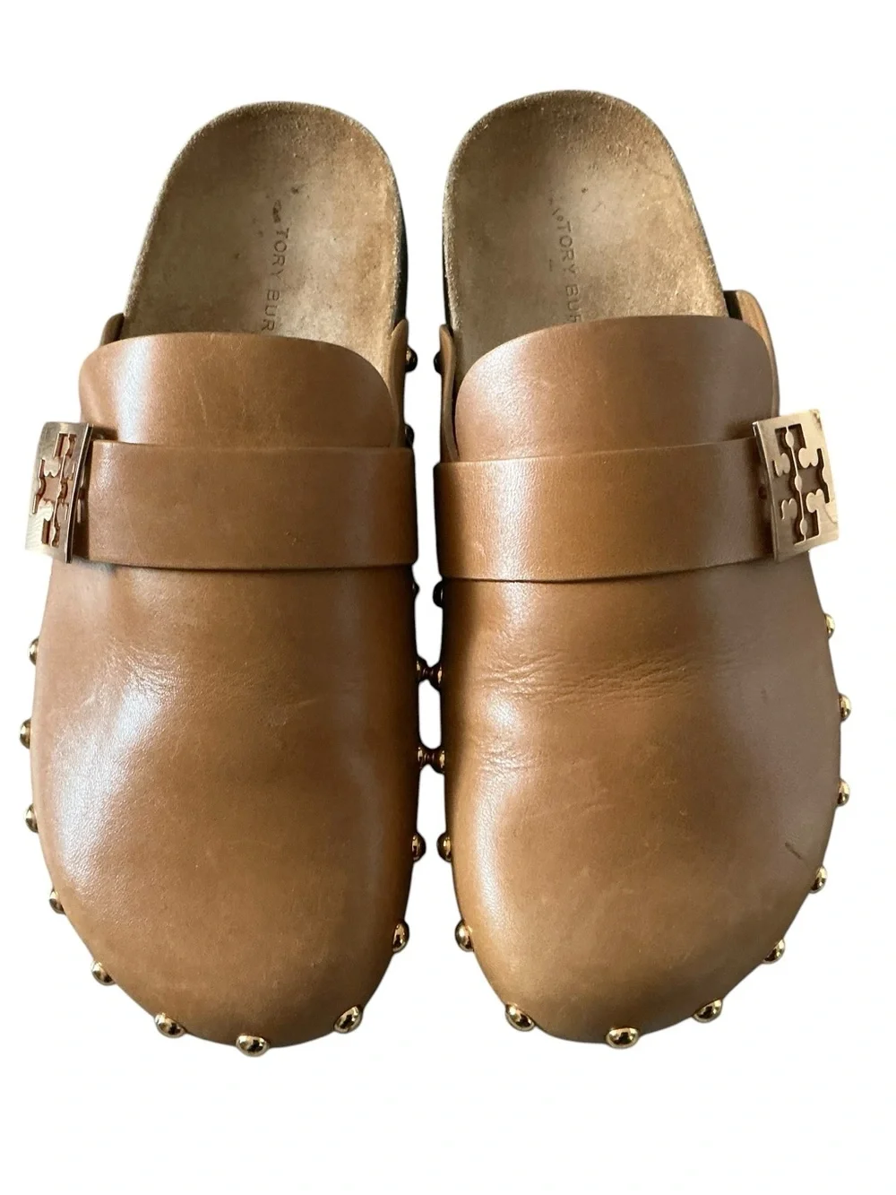 Tory Burch Mellow studded mule comfort flat slip on shoes caramel brown size 8